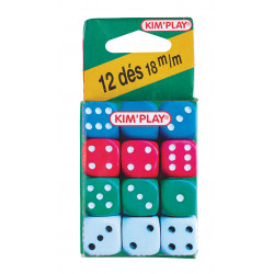 12 Dés à jouer 6 faces, divers coloris, 18 mm