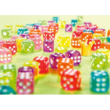 Dé à jouer 6 faces, divers coloris, 14 mm, plastique acrylique translucide