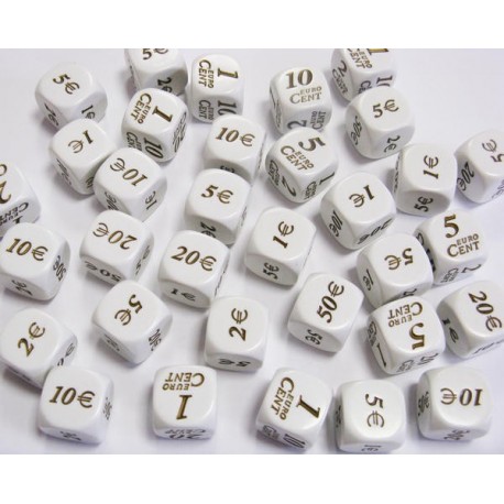 Dé à jouer 6 faces, centimes d'€uros, 19 mm, plastique acrylique