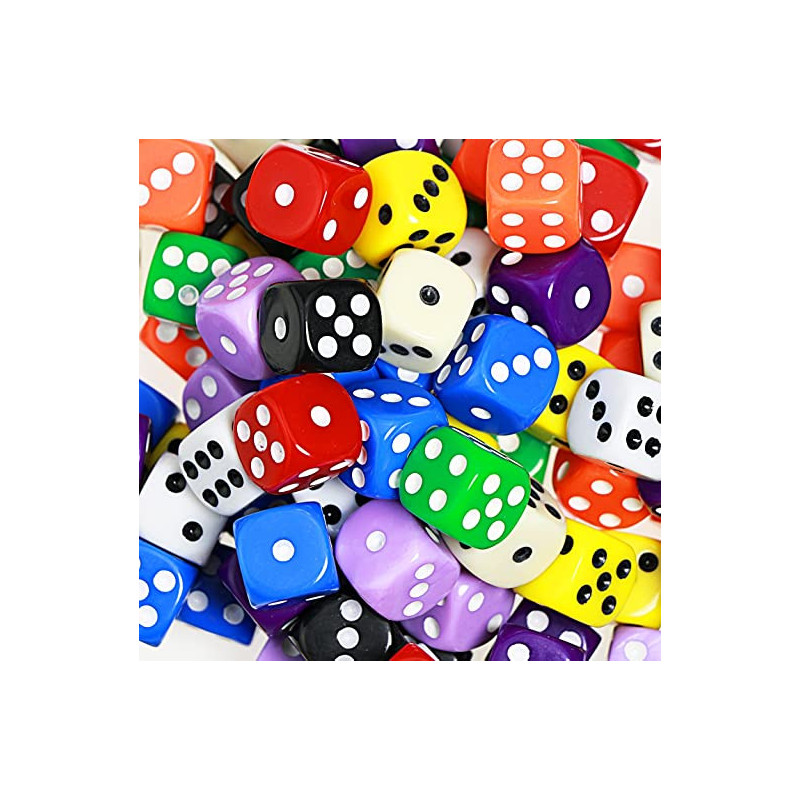 Dé 6 faces, divers coloris, 16 mm, plastique acrylique