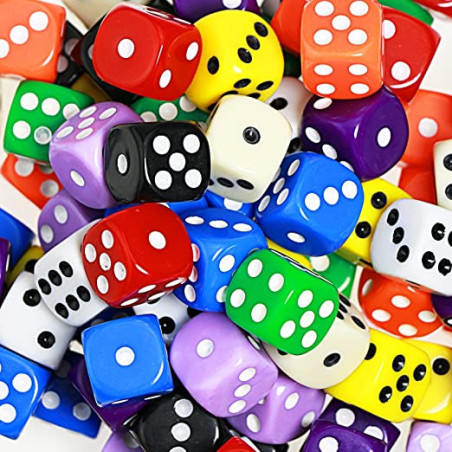 Dé 6 faces, divers coloris, 16 mm, plastique acrylique